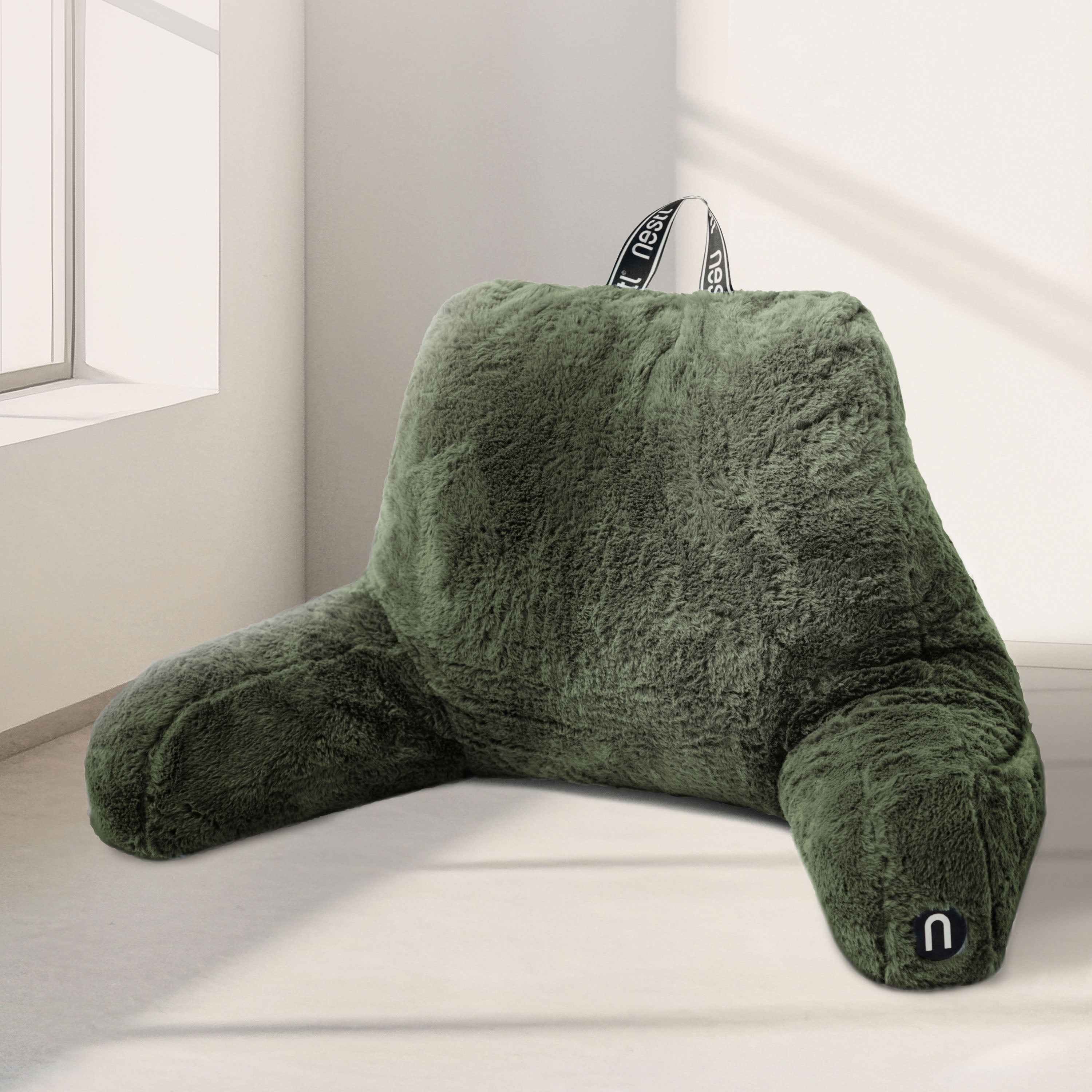 Nestl Fur Reading Pillow with Lap Desk, Stylish Arm Rest Pillow, Lap Desk with Backrest Pillow for Sitting in Bed, Faux Fur, Olive Green