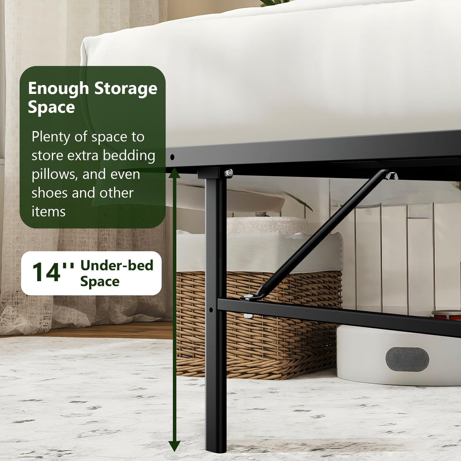 WASUHE 14" Height Twin Bed Frame, Heavy-Duty Foldable Metal Bed Frame with Underbed Storage, No Box Spring Needed - Quiet & Easy to Assemble , Ideal for Bedrooms, Apartment & Dorm Rooms, Black