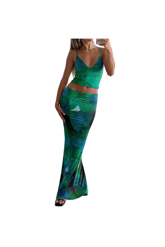 Maxi Skirt Set Floral Print Halter Top Maxi Skirt Going Out Outfits for Women Green S