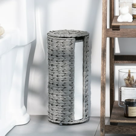 Freestanding Toilet Paper Holder with Lid, Wicker Toilet Roll Holder, Bathroom Storage Basket, Round, Gray