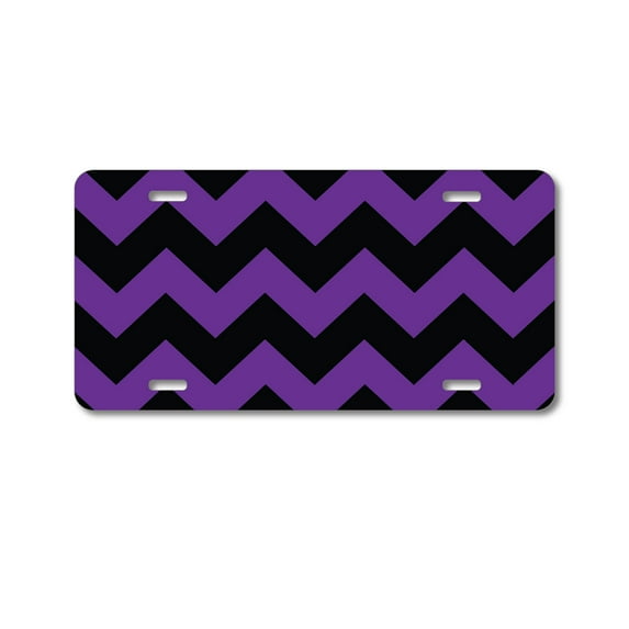 DistinctInk Custom Aluminum Vanity License Plate for Front of Car - Black Purple Chevron Stripes