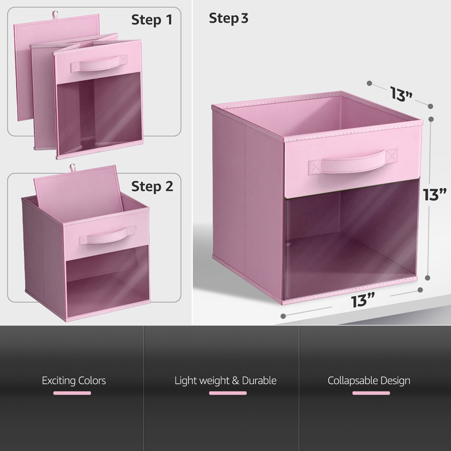 Sorbus 11" Foldable Fabric Storage Cube Bin with Window, Pastel Pink
