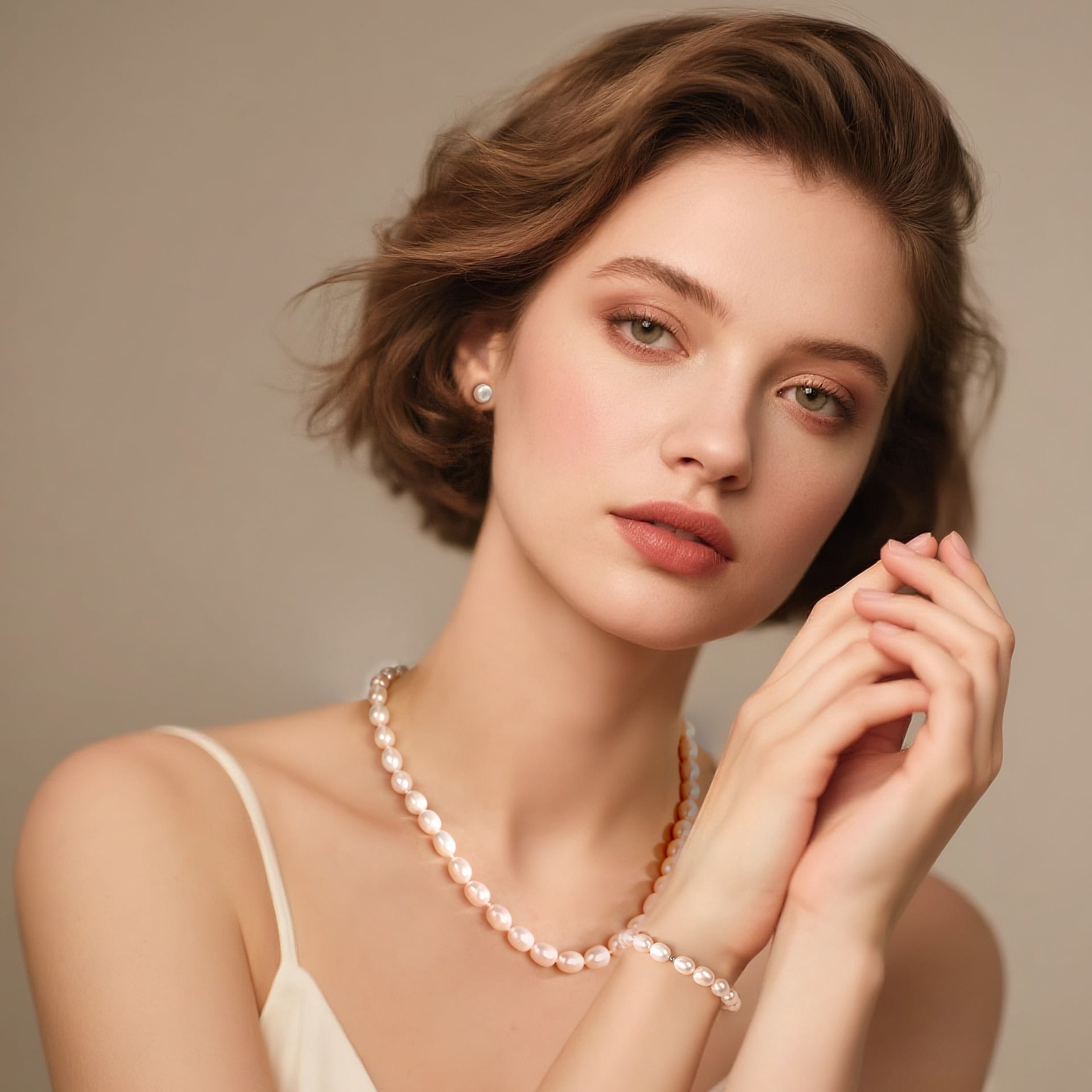Bamiki 6-7mm Cultured White Pearl Jewelry Necklace Set with Bracelet & Stud Earrings, S925 Sterling Silver Adjustable Clasp Valentine's Day Gift for Her