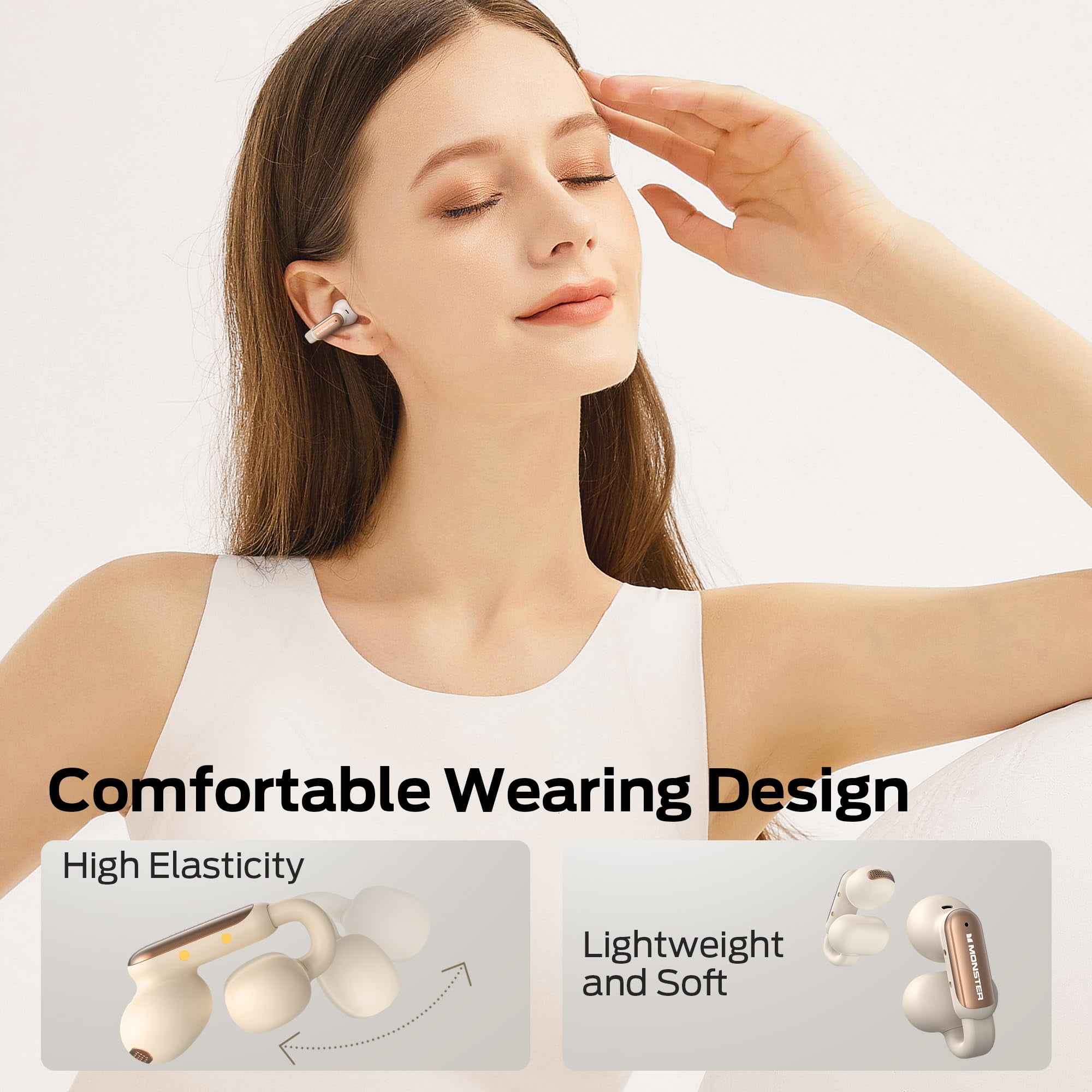 Monster Open Ear Wireless Earbuds, Comfortable Clip-on Earbuds  with Noise Cancellation,  Touch Control & IPX5 Waterproof Headphones for Sport, White