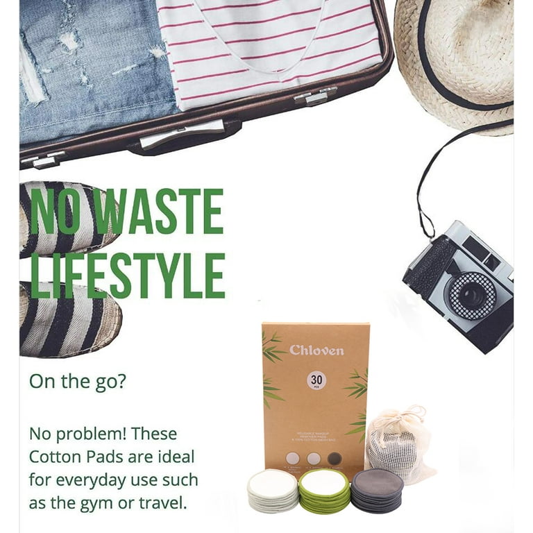 Chloven 30 Pack Organic Reusable Makeup Remover Pads - Bamboo Reusable Cotton Rounds for Toner, Washable Eco-Friendly Pads for all Skin Types with Cotton Laundry Bag