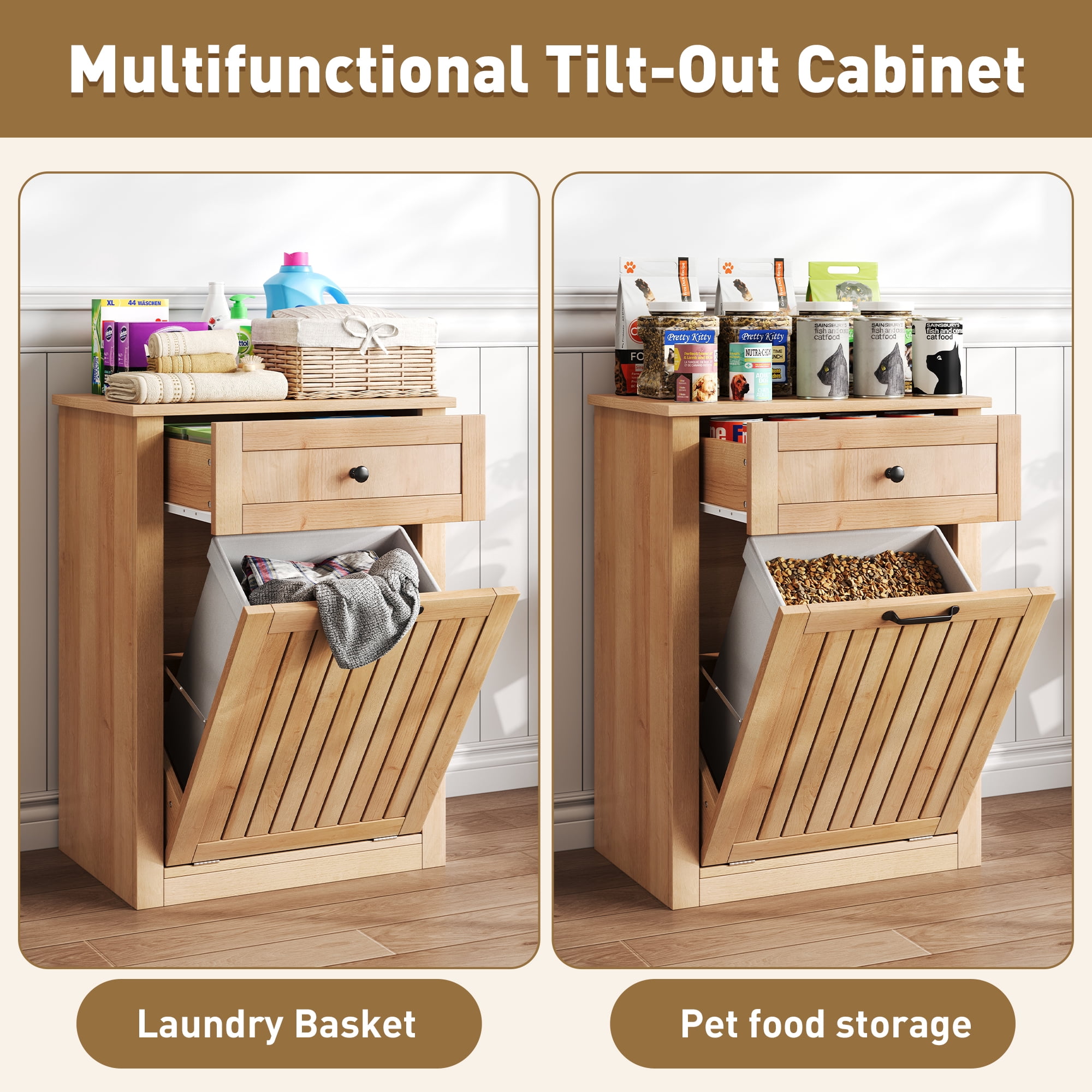 Tilt-Out Trash Can Cabinet, 10 Gallon Fluted Laundry Hamper Cabinet with Drawers, Wooden Hidden Garbage Can Cabinet w/Storage Basket, Free Standing for Kitchen & Living Room,Natural Oak