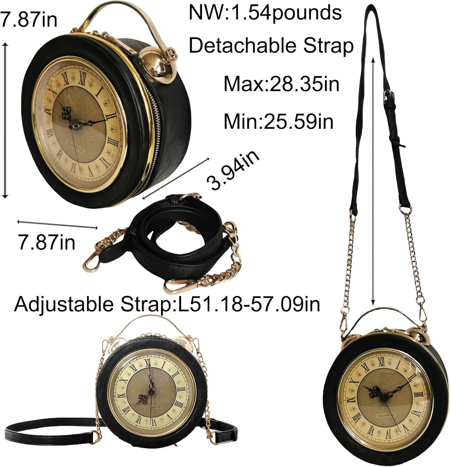 Baguery PVC Clock Shaped Crossbody Bag - Waterproof Adjustable Shoulder Purse for Women