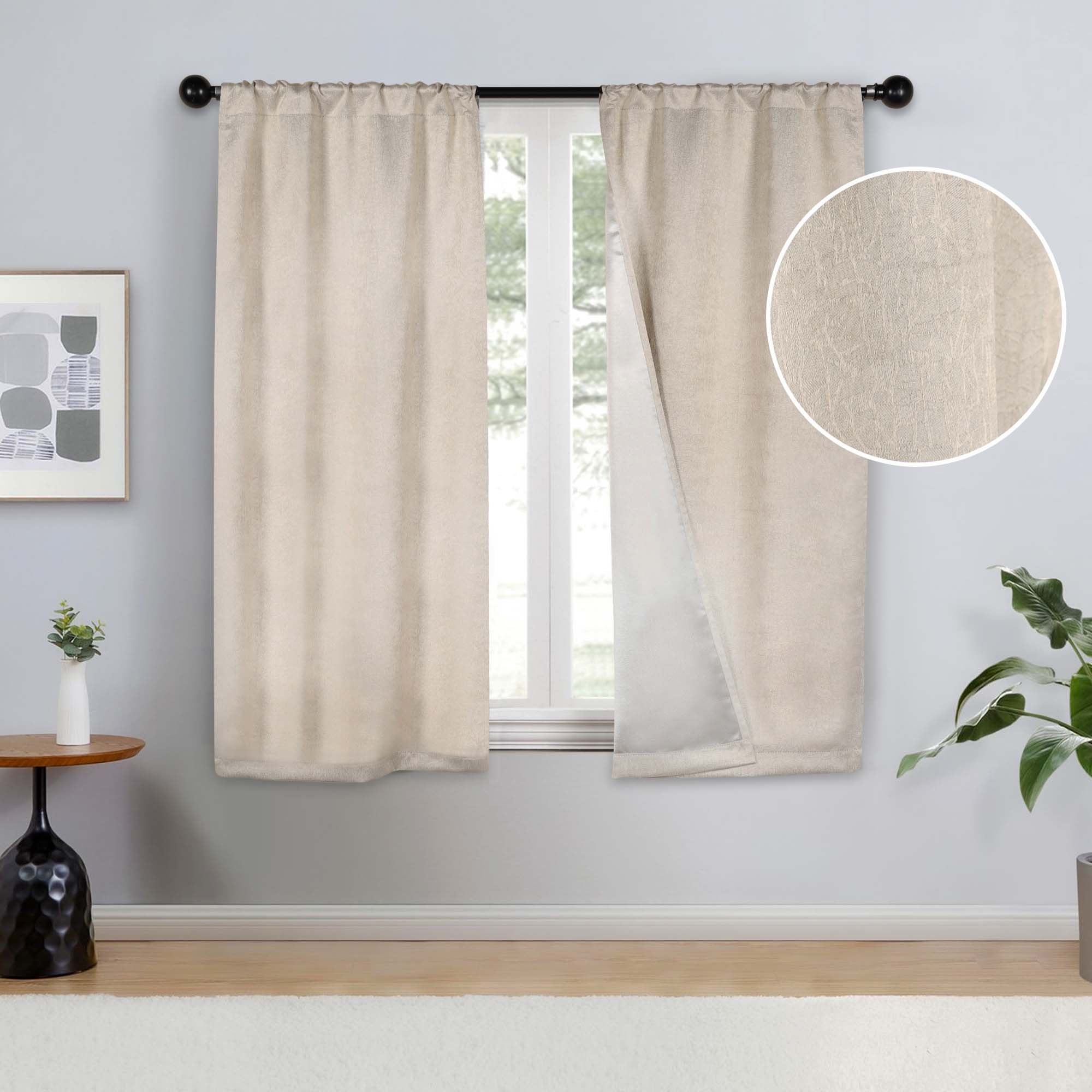 Superior Senna Blackout Curtains Set of 2, Rod Pocket Curtain Panel Pair, Beige, 26"W x 63"L