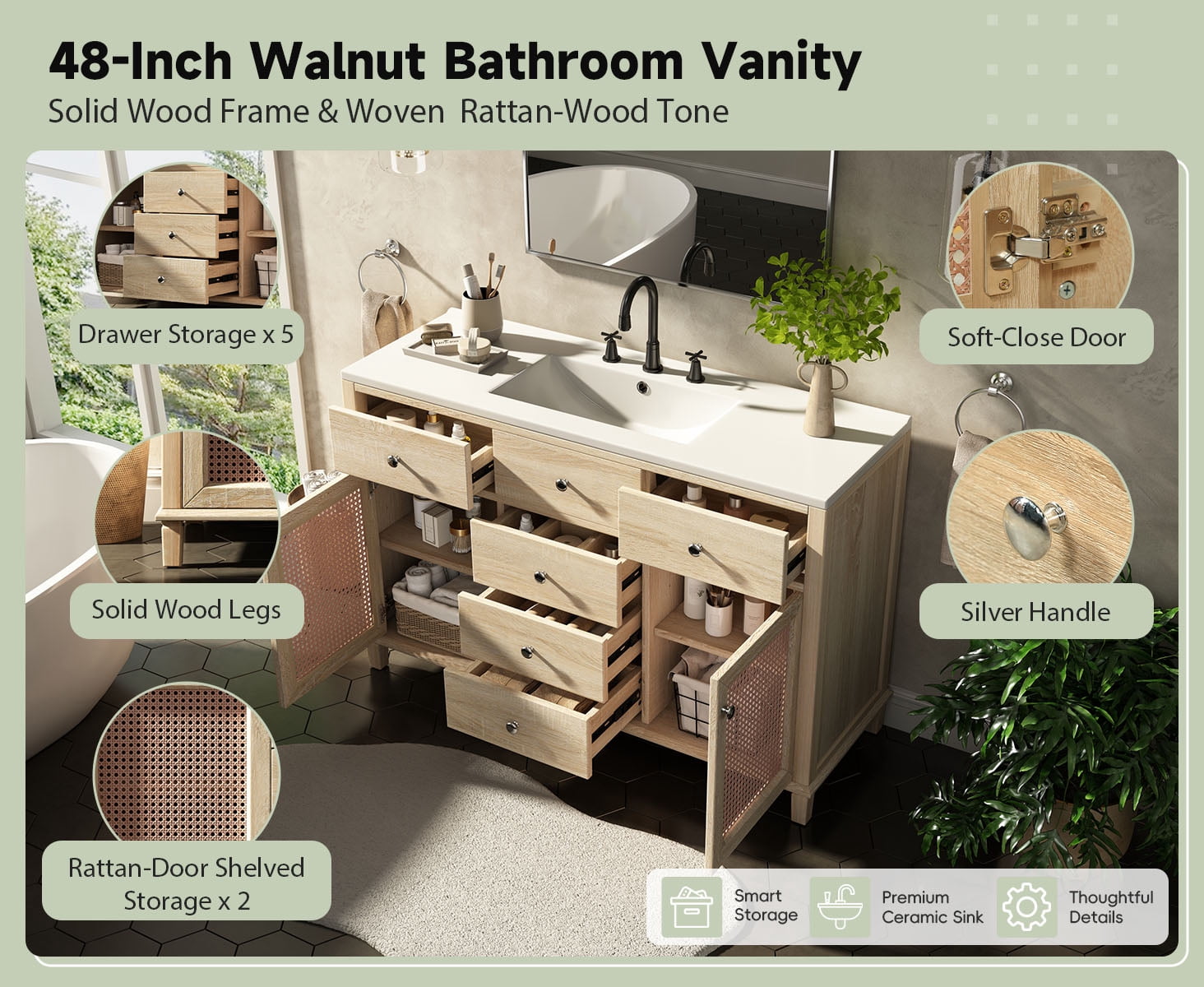 Mintazer 48 Inch Rattan Bathroom Vanity, Coastal Boho Single Sink Bath Cabinet with 5 Drawers & Soft Close Rattan Doors, Natural