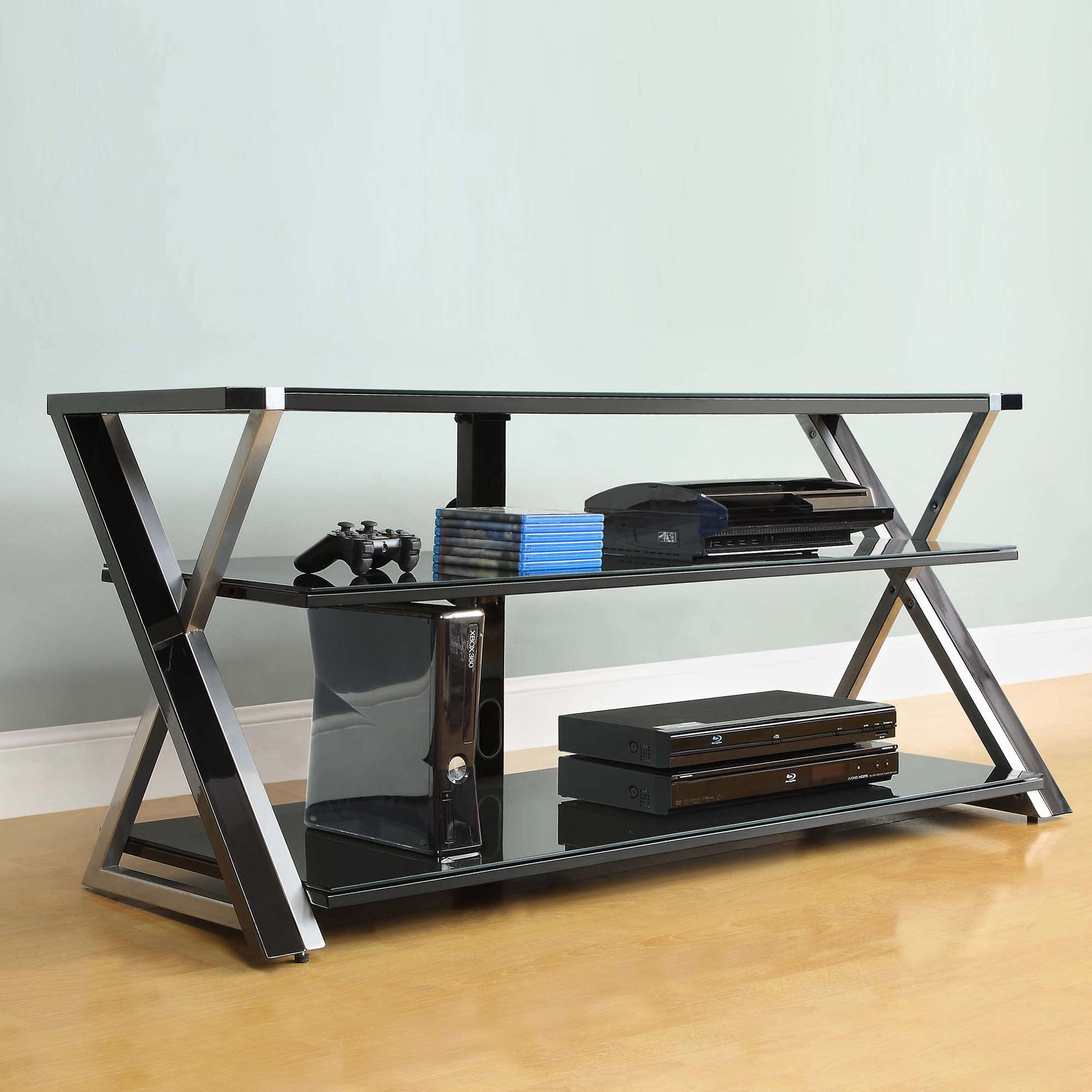 Whalen Black TV Stand for 65" Flat Panel TVs with Tempered Glass Shelves 