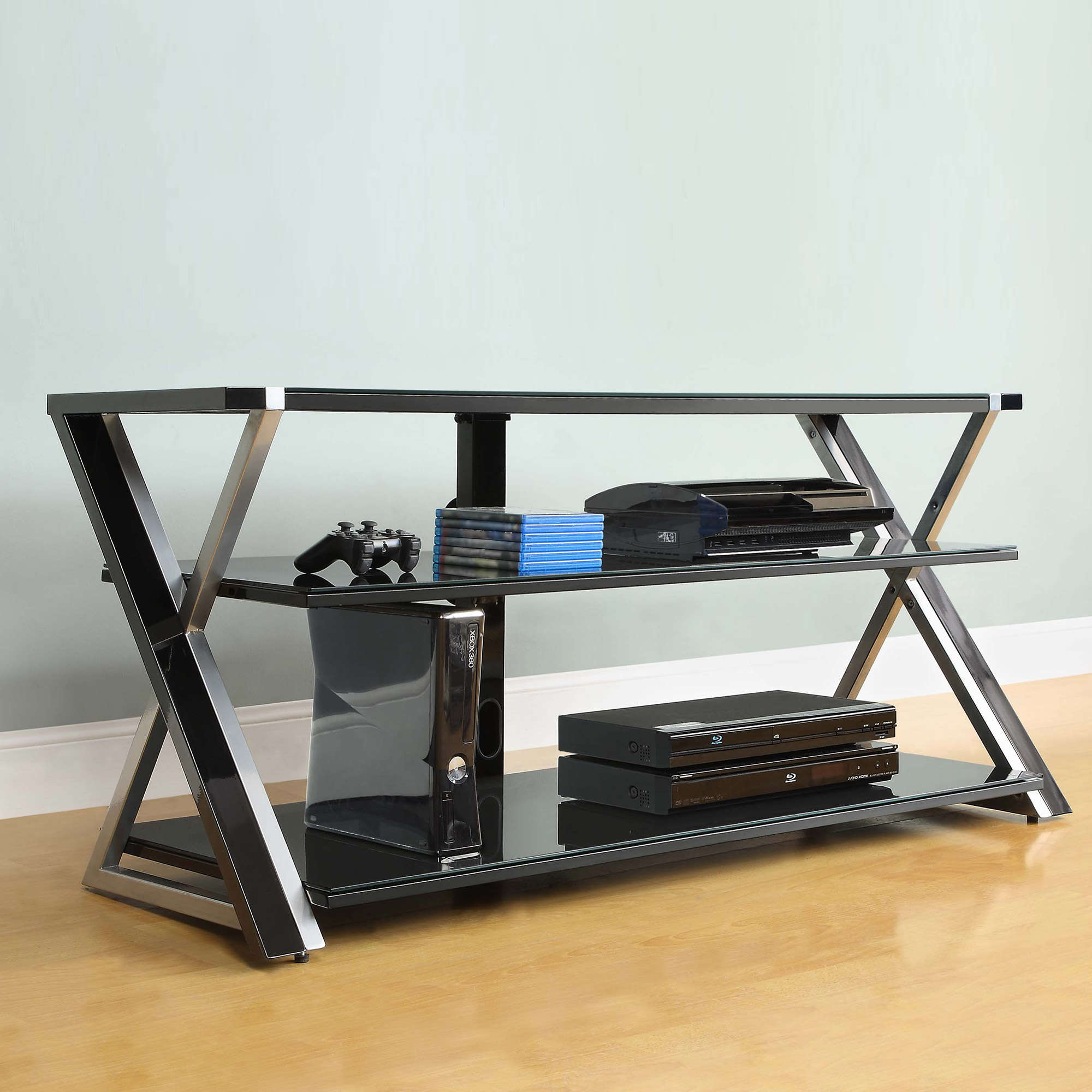 Whalen Furniture Black TV Stand for 60" Flat Panel TVs with Tempered Glass Shelves - image 2 of 4