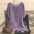 thumbnail image 2 of Cotton Linen Tops for Women Floral Printed Flowy Crew Neck Short Sleeve Shirts Casual Soft Breathable Blouses (L, Purple 1), 2 of 5