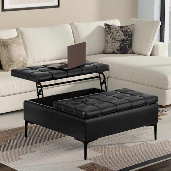 Simpli Home Laura 30W Small Square Split Lift Top Storage Ottoman