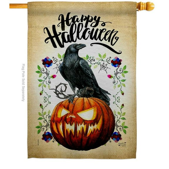 Angeleno Heritage H130411-P3 Crow & Pumpkin Falltime Halloween 28 x 40 in. Double-Sided Decorative Horizontal House Flag for Decoration Banner Garden Yard Gift
