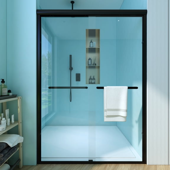 50 to 54 in. W x 72 in. H Framed Pivot Shower Door in Black with Clear Glass