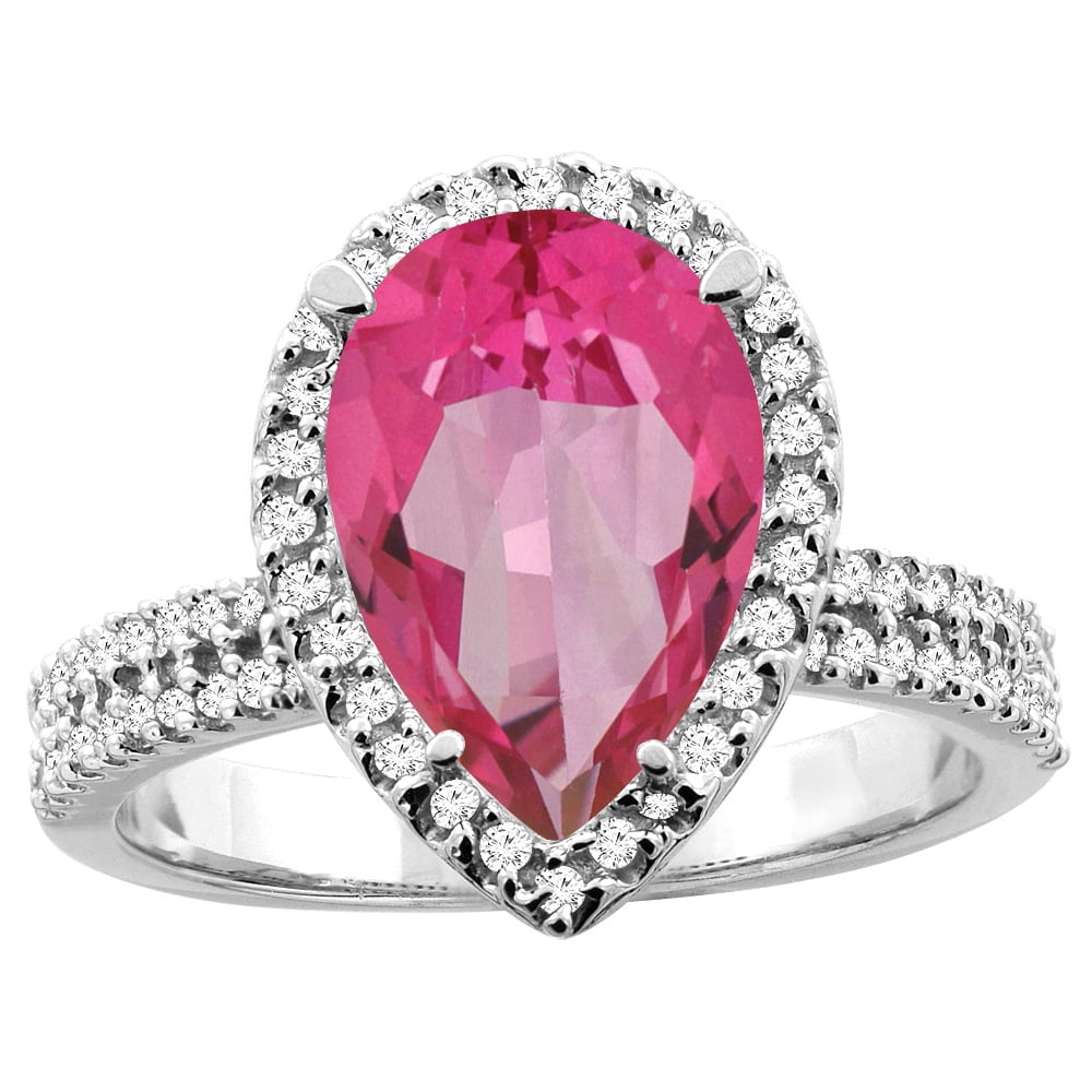 14K White Gold Natural Pink Topaz Ring Pear 12x8mm Diamond Accents, size 6 by Gabriella Gold