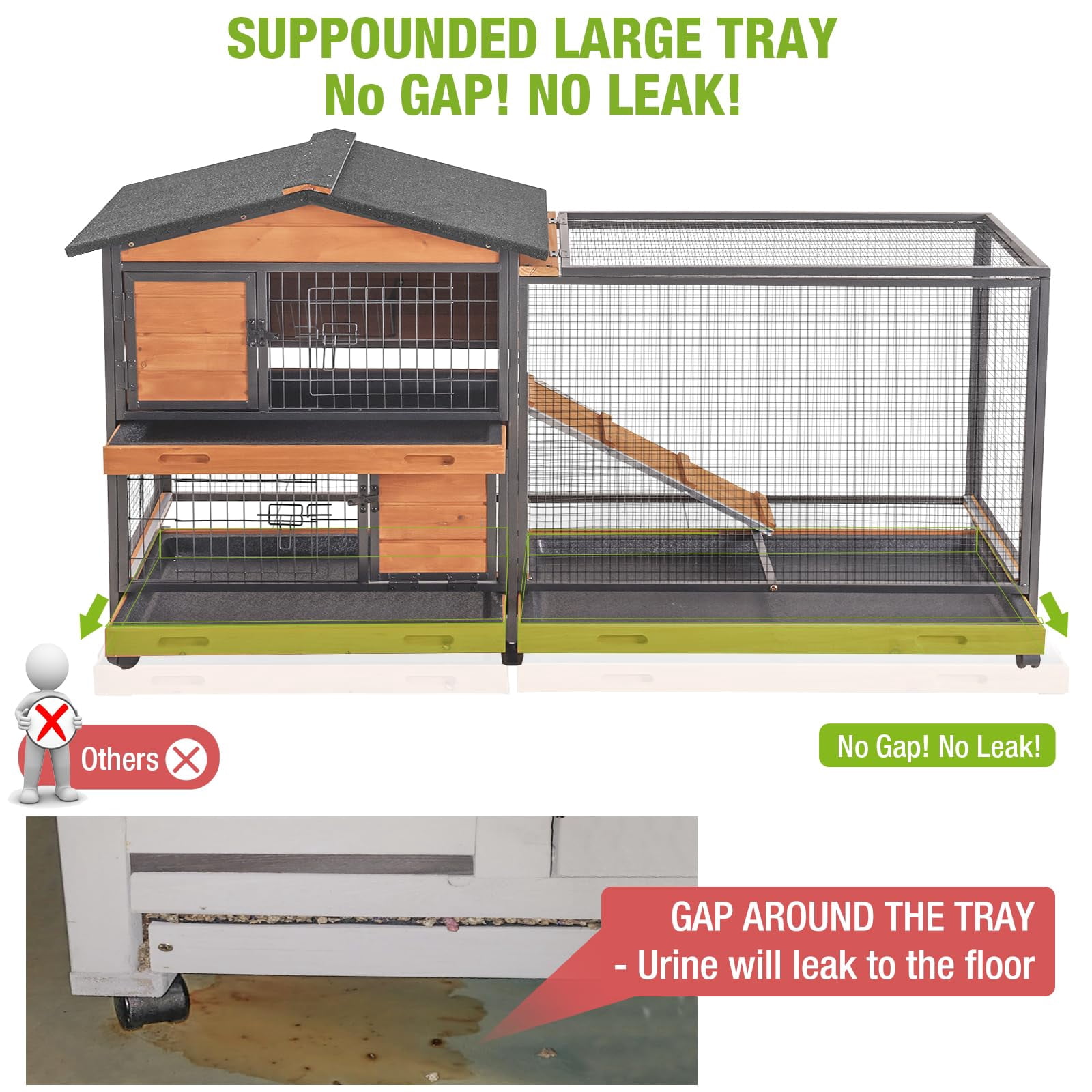MEDEHOO Rabbit Hutch with Chew-Resistant Metal Frame Indoor Bunny Cage Outdoor Rabbit Cage with Wheels and Leakproof Tray