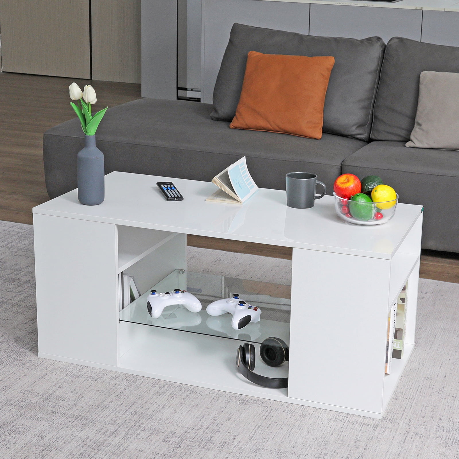 Hommpa White Coffee Table LED Coffee Table with Storage Modern Living Room Table Glass Open Shelves Rectangle Cocktail Center Tables High Gloss