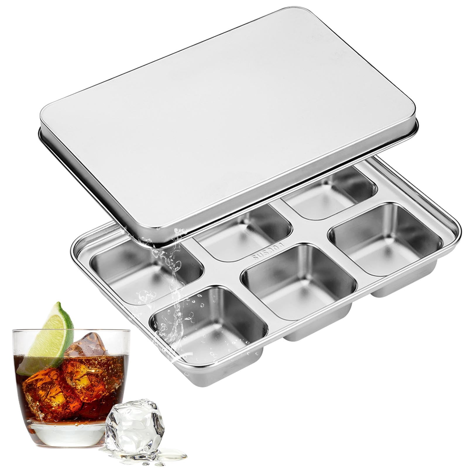 Stainless Steel Tray with Lid, Easy Release Metal Ice Mold for Freezer, 6-Grid Durable Maker for Whiskey Cocktails Beverages Kitchen Home Use