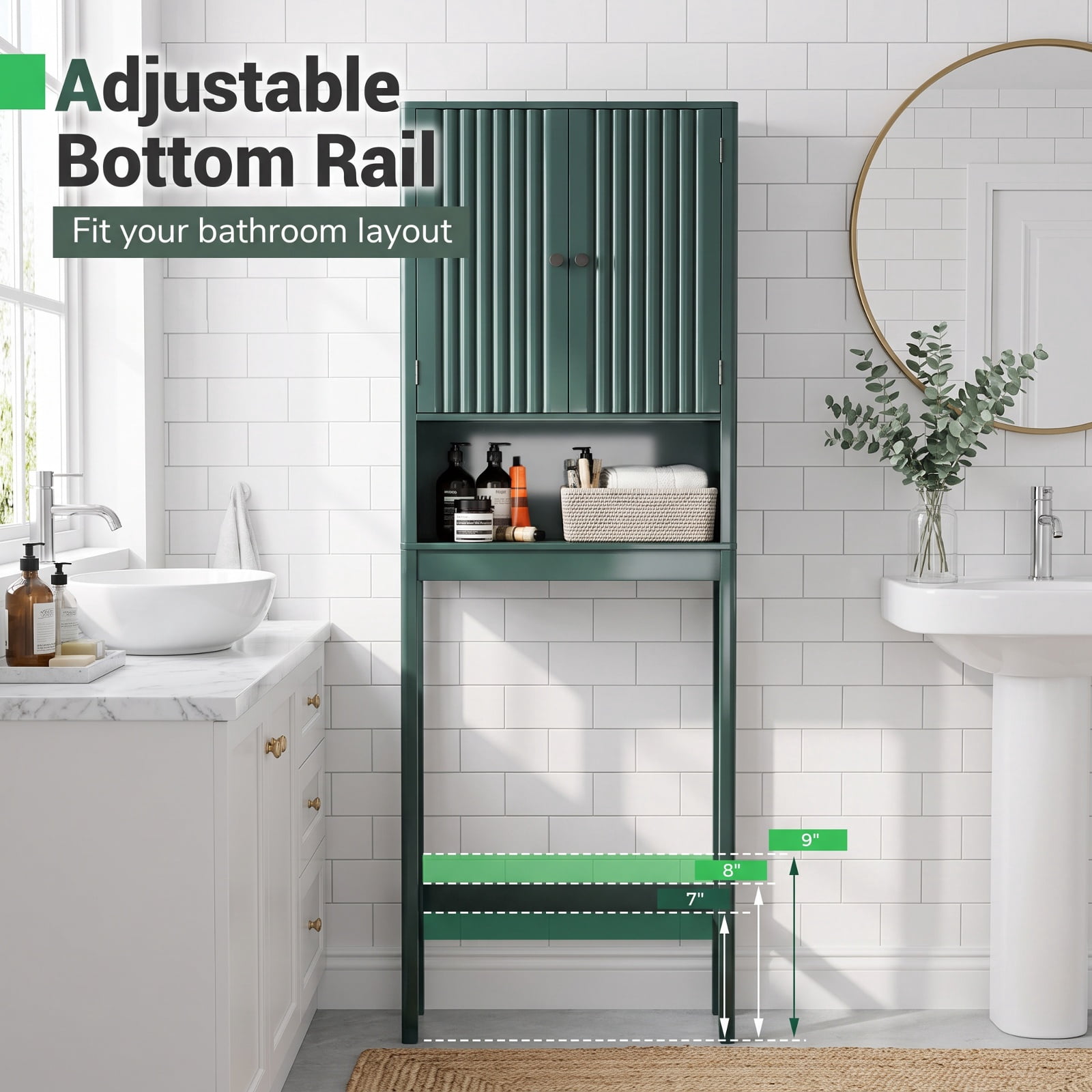 Vebreda Over-the-Toilet Storage Cabinet with Fluted Doors and 3-Position Adjustable Shelf, Freestanding Bathroom Space Saver, 66 in, Green