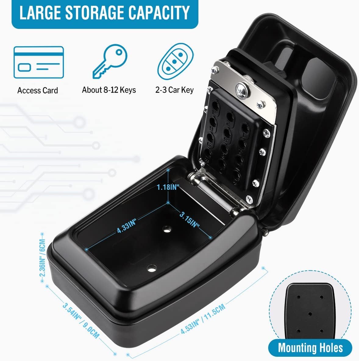 Waterproof Key Lock Box with Code, Extra Large Wall Mount Key Safe for Outdoor, 12-Digit Combination Key Storage Box