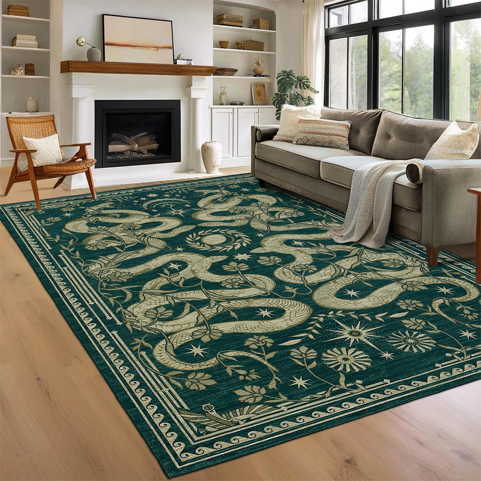 Garvee 8'x10' Modern Snake Printed Area Rug Washable Living Room Rug, Forest Low Pile Stain Resistant Rug Non Slip Carpet for Bedroom Dining Room, Blue