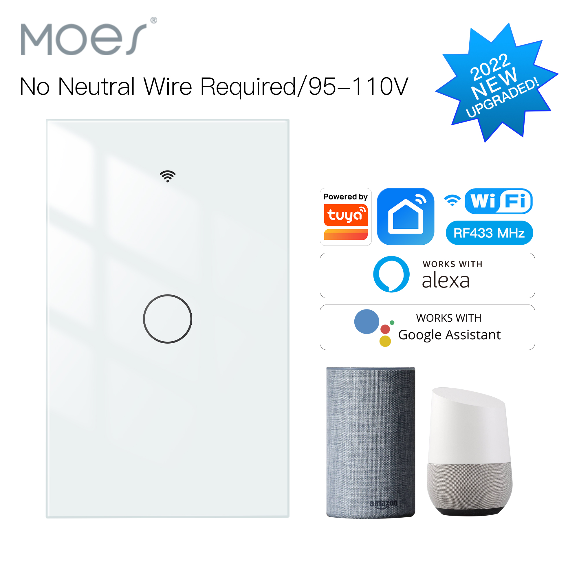 MOES Wifi Smart Light Switch, No Neutral Wire Switch, Single Pole 110V