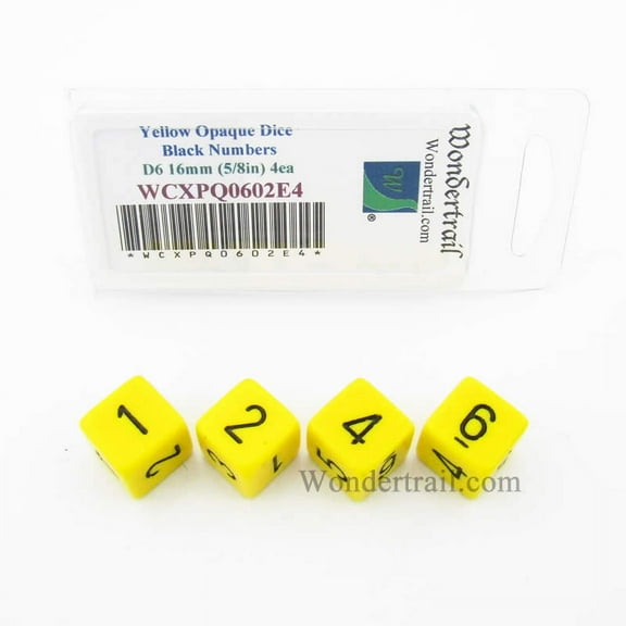 Yellow Opaque Dice with Black Numbers D6 Aprox 16mm (5/8in) Pack of 4 Wondertrail