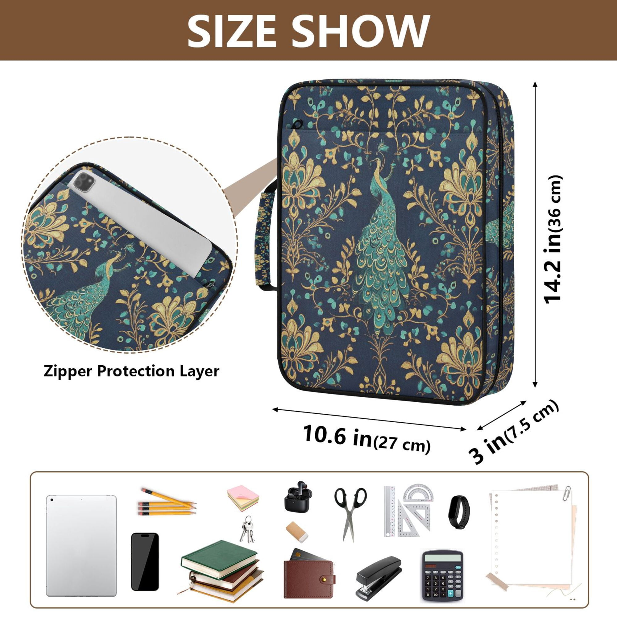 FORMRS Accordion File Folder A4 Size 7-Pocket Expanding Document Organizer Bag with 3 Ring Binder, Navy Blue Peacock Pattern