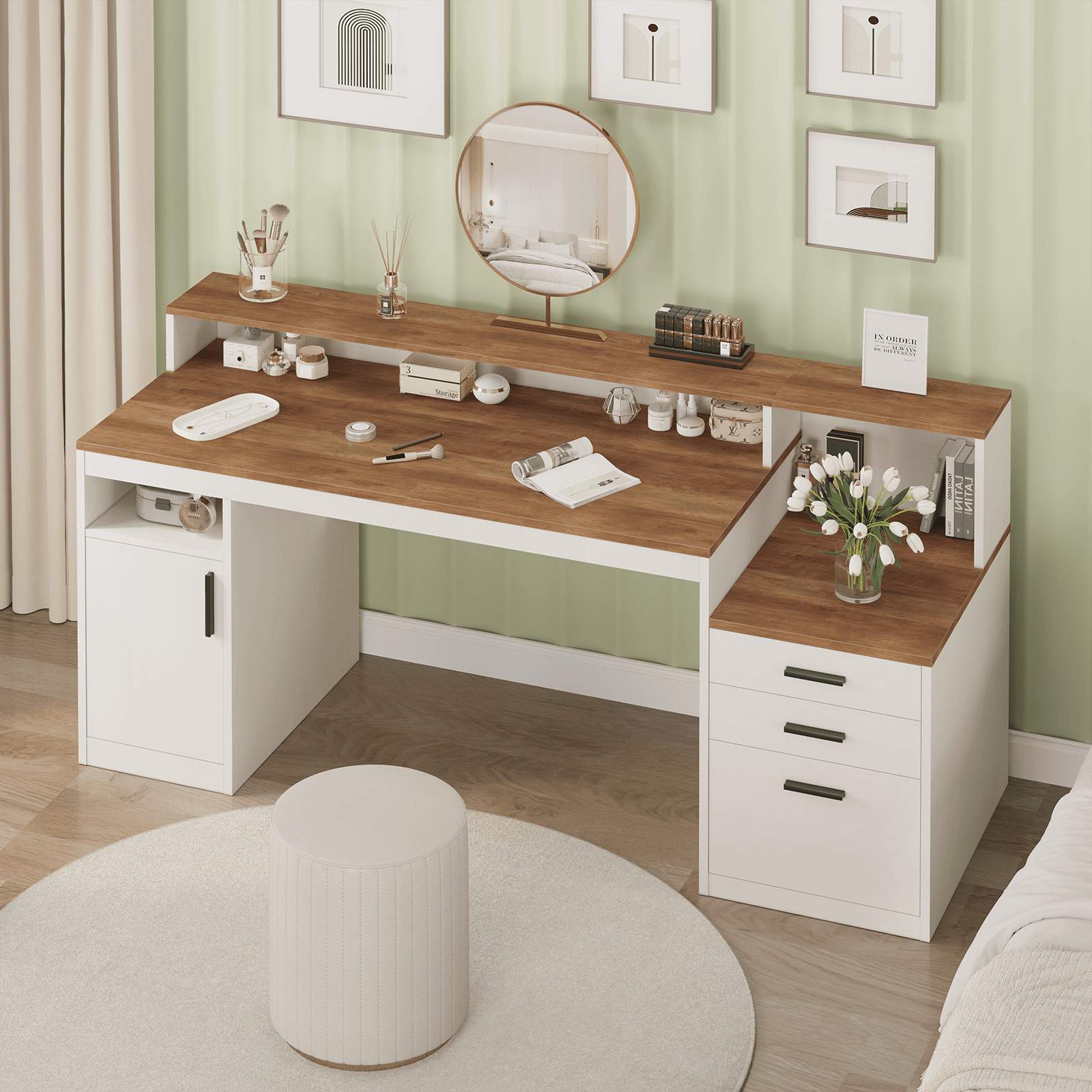 65 Inch Computer Desk with 3 Drawers & Storage Shelves, Executive Desk with File Drawer & Cabinet, Home Office Desk with Long Monitor Stand & Printer Shelf, Antique White