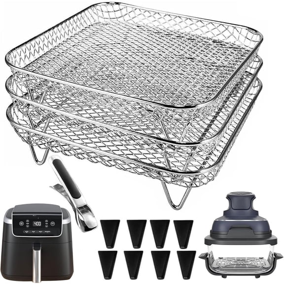 7 Inch Air Fryer Rack Compatible with Crispi/ Pro 5QT/ 5QT/ 5-6QT/ Pot 4Qt Vortex Air fryer &, 3 count Stackable Stainless Steel Air fryer Basket with 8 Silicon