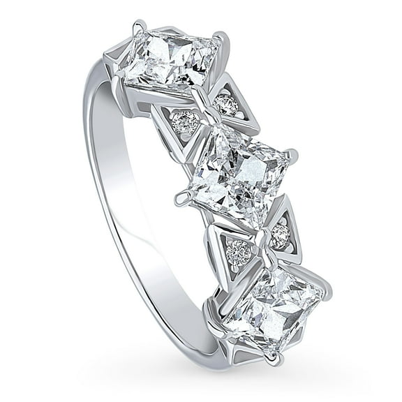 BERRICLE Sterling Silver 3-Stone Princess Cut Cubic Zirconia CZ Statement Vintage Inspired Art Deco Fashion Ring for Women, Rhodium Plated 2.1 Carat Size 9.5