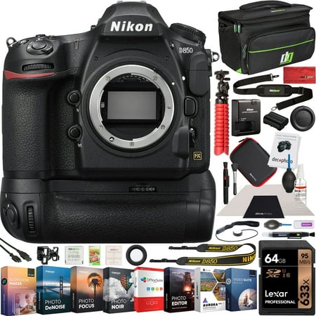 Nikon D850 FX-Format Full Frame Digital SLR DSLR WiFi 4K Camera Body + Battery Grip Power Bundle with Deco Gear Photography Case Bag + 64GB Card + Compact Tripod + Software &