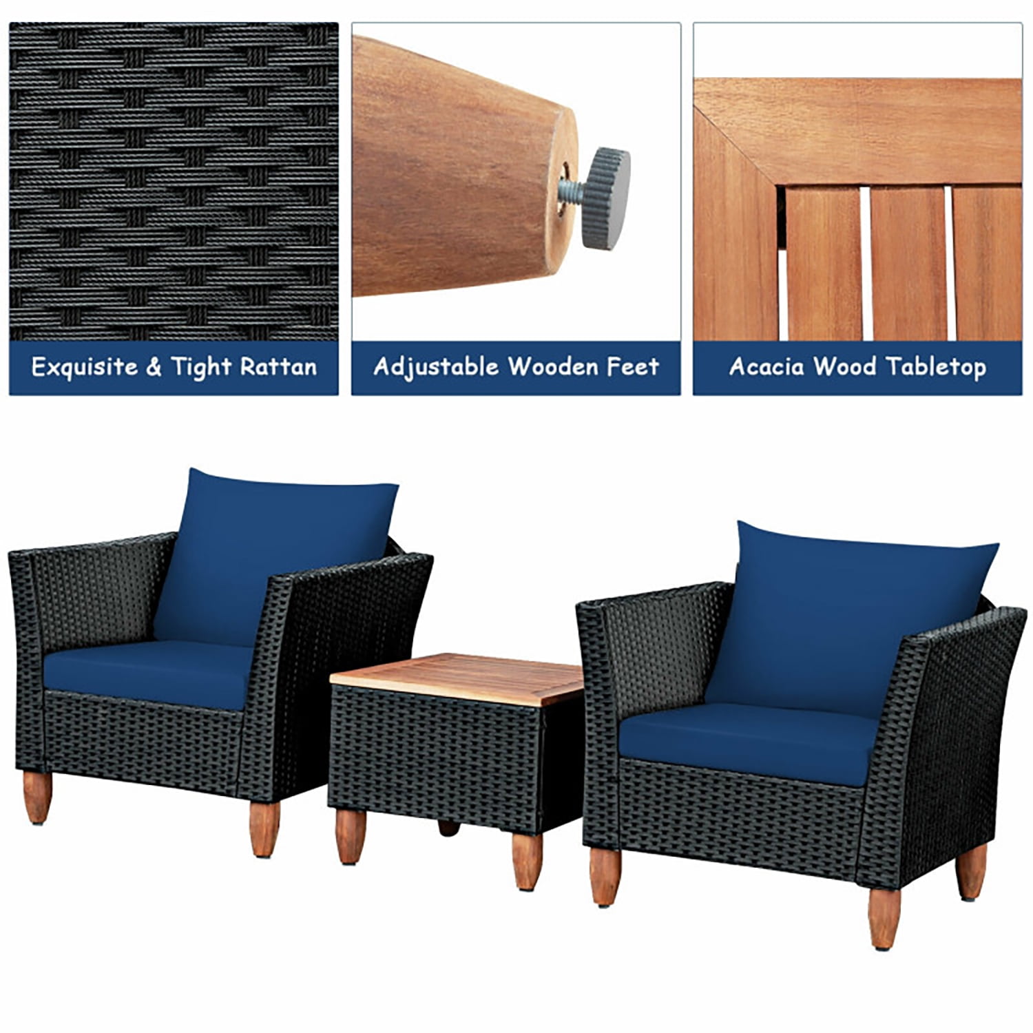 Aimee Lii 3 Pieces Outdoor Patio Rattan Furniture Set with Coffee Table, Modern Patio Furniture, Navy