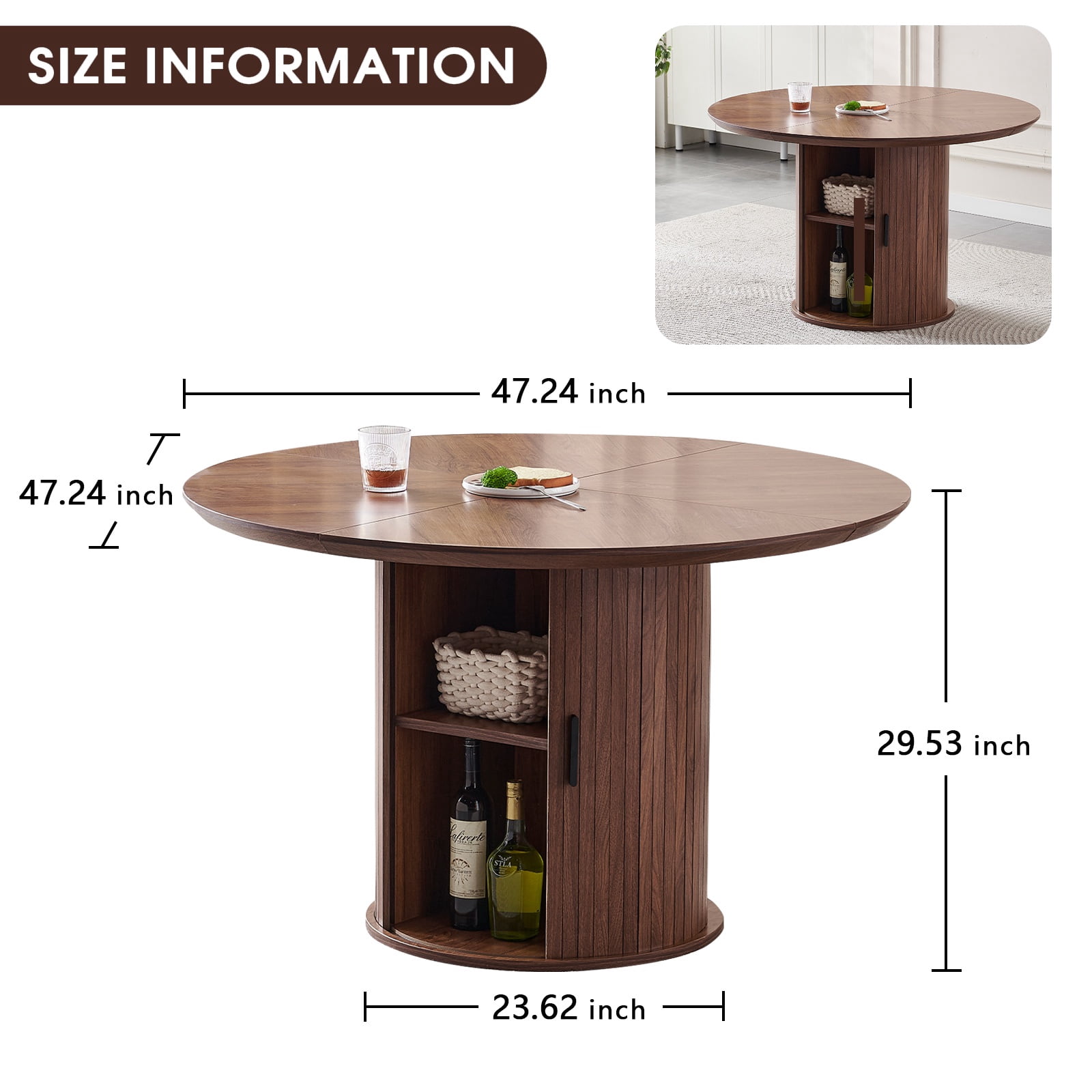 Round Dining Table for 4-6, PAPROOS 47'' Large Wood Kitchen Table, Dining Room Table with Storage & Wide Tabletop, Circle Dining Table Dinner Table for Kitchen Dining Room, Brown(Only Table)