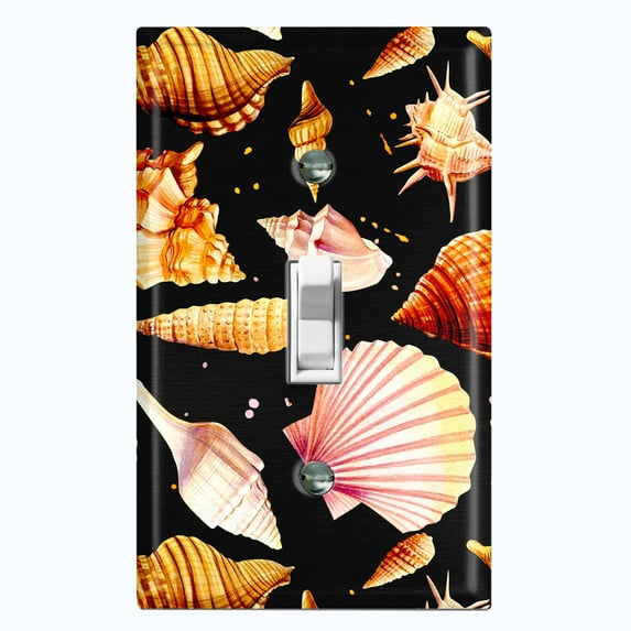 Metal Light Switch Wall Plate Outlet Cover (Colorful Sea Shells Pattern Black - Single Toggle)