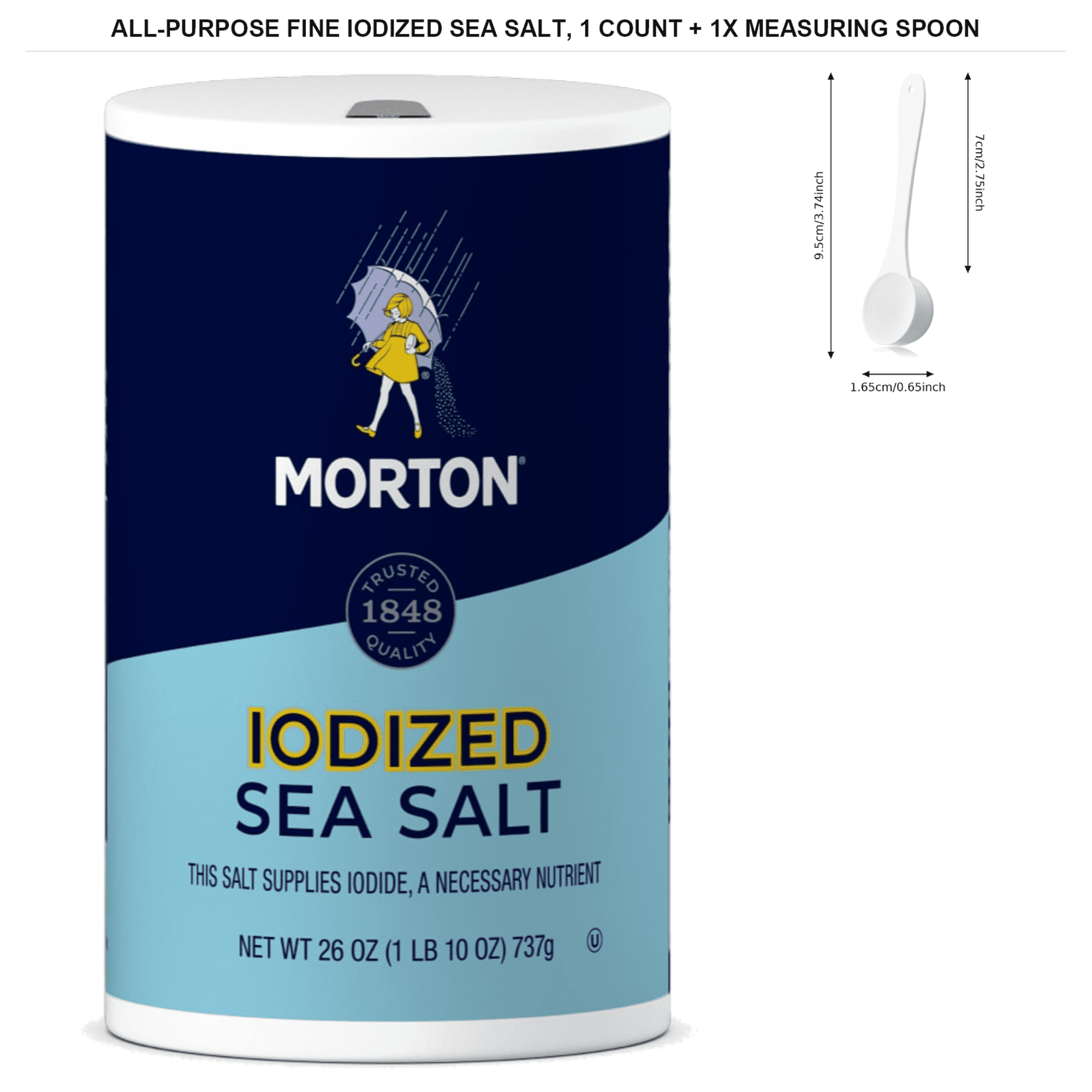 Morton All-Purpose Fine Iodized Sea Salt, 26 oz with 1x Measuring Spoon