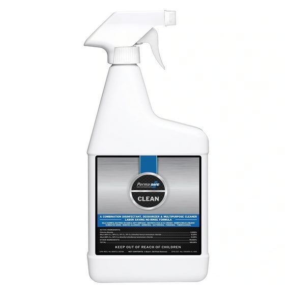 PermaSafe CLEAN, All-Purpose Disinfectant Cleaner; No- Rinse, Hard, Soft & Food Contact Surface Sanitizer; Mold, Mildew and Fungi Killer; Odor Eliminator; Allergen Remover & More (32 Fl oz)