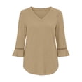 thumbnail image 2 of Bosfbaoi 3/4 Bell Sleeve Tops for Women Solid V Neck Hollow Trim Casual Blouses, 2 of 7