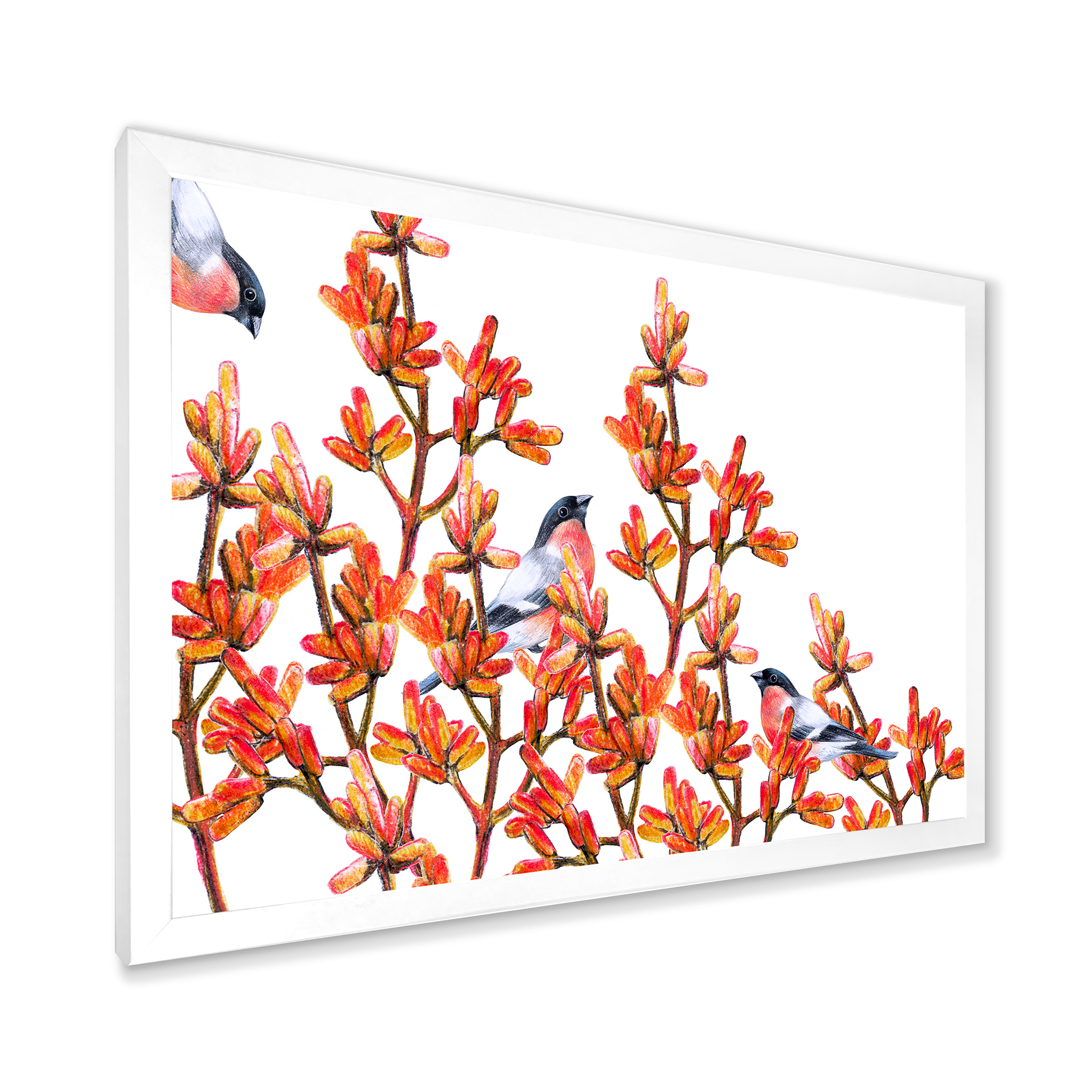 Designart 'Flock of Bullfinches Birds Sitting on Orange Branches' Traditional Framed Art Print