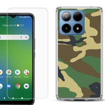 For Boost Mobile Summit 5G Shockproof Phone Case Cover with Tempered Glass Screen Protector, by OneToughShield - Camo Green