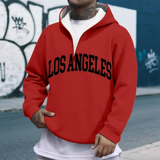 MHFRRA Sudadera con Capucha y Cremallera de Un Cuarto con Estampado de Letras, Suave y Cómoda, para Uso Informal, Sudadera Deportiva Ligera Rojo