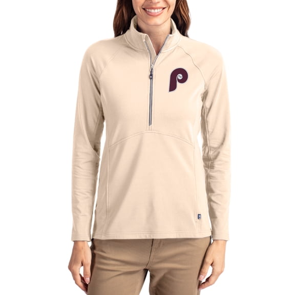 Women's Cutter & Buck Tan Philadelphia Phillies Cooperstown Collection Adapt Eco Knit Stretch Half-Zip Pullover