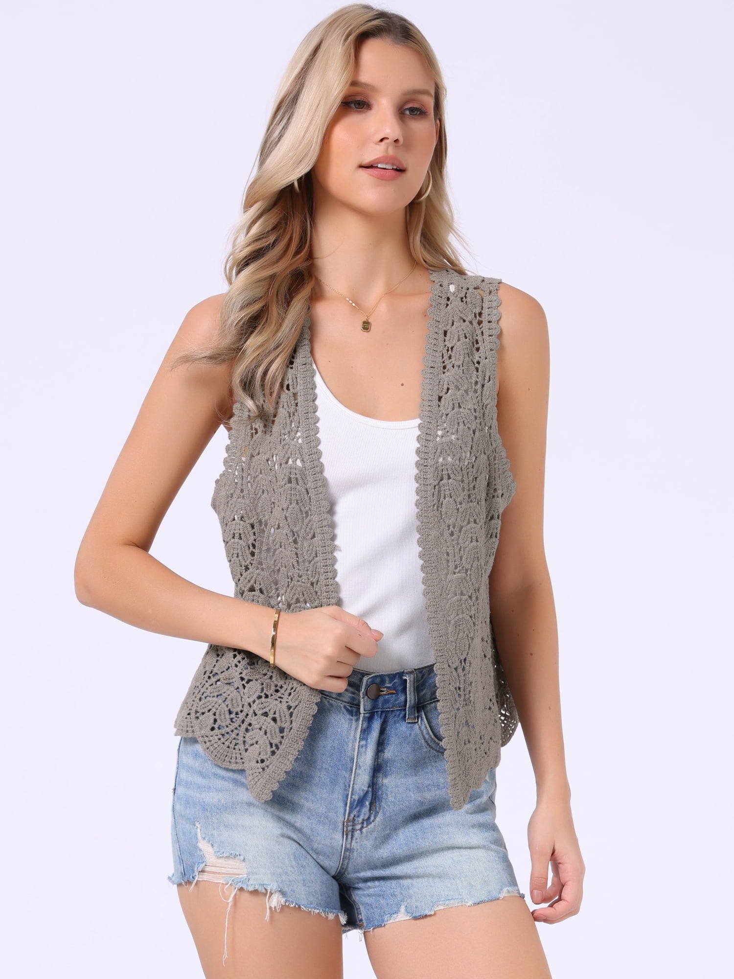 DARING DIVA Women's Floral Crochet Hollow Out Open Front Vest M Light Grey