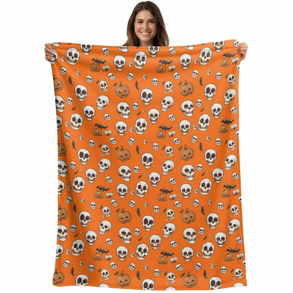 Flannel Fleece Throw Blanket Halloween Skeleton Pumpkin on Orange Lightweight Soft Plush Blankets,Black Bat Seamless Cozy Warm Throw Blanket for Couch Sofa Bed Car Office All Season Use 40x50in