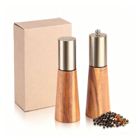 Manual Pepper Grinder Mill, Adjustable Ceramic Core, Acacia Wood, Refillable Spice Mill, 6.9 Inch seasoning bottle and 7.5 inch manual pepper mill (2 Pcs)