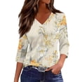 thumbnail image 2 of JoveMarine Women's V-Neck 3/4 Sleeve Floral Print Top Casual Blouse with Slit Hem Spring Fall Fashion Tunic for Daily Wear Weekend Beige L, 2 of 6