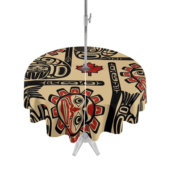 Outdoor Tablecloth with Umbrella Hole Zipper Southwest Round Tablecloth 60" Waterproof Outside Table Cloth Farmhouse Sun Maple Leaves Ethnic Motifs Patio Table Cover Tablecloths for Picnic Party