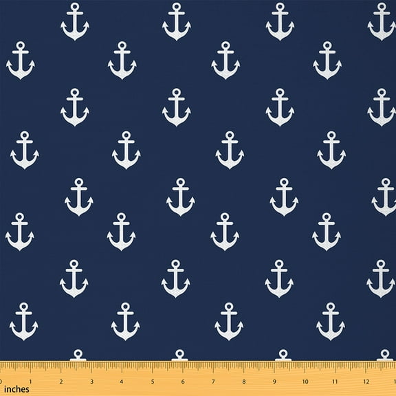 jejeloiu White Anchor Fabric by the Yard 1 Yard, Vintage Nautical Sewing Fabric, Navy Blue White Room Decor Fabric by the Yard, Microfiber Bedroom Decor