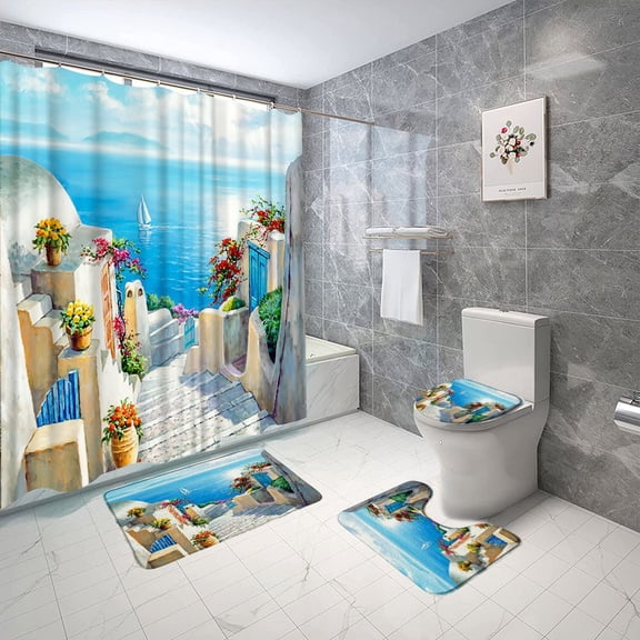 Mediterranean Oil Painting Landscape Shower Curtain Bath Mat Set Seaside Town Scene Bathroom decor Anti Slip Flannel Washable